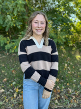 Load image into Gallery viewer, Camel Multi Stripe Contrast Collar Long Sleeve Knit Sweater