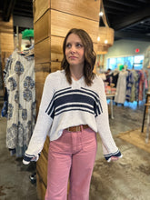 Load image into Gallery viewer, Ivory with Navy V Neck Sweater