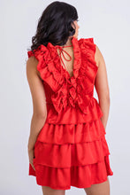 Load image into Gallery viewer, Solid Satin Ruffle Smock V Neck Dress