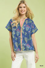 Load image into Gallery viewer, Blue Botanical V Neck Button Down Top