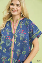 Load image into Gallery viewer, Blue Botanical V Neck Button Down Top