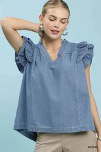 Load image into Gallery viewer, Denim Frilled V Neck Ruffle Top