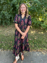 Load image into Gallery viewer, Navy Floral Print Short Puff Sleeve Midi Dress