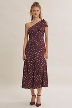 Load image into Gallery viewer, One Shoulder Polka Dot Satin Midi Dress