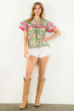 Load image into Gallery viewer, Sage Floral with Pink Flutter Sleeve Top