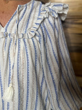 Load image into Gallery viewer, Stripe Neutral Vneck Ruffle Top