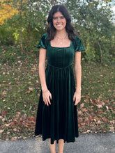 Load image into Gallery viewer, Velvet Corset Puff Sleeve Midi Dress