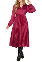 Load image into Gallery viewer, Wine Surplice Long Sleeve Satin Pleated Dress