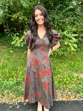 Load image into Gallery viewer, Floral Print Puff Sleeve V Neck Midi Dress