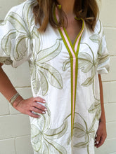 Load image into Gallery viewer, White Puff Sleeve with Green Embroidered Flower Dress