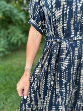Load image into Gallery viewer, Navy Print Tiered Maxi Dress