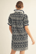 Load image into Gallery viewer, Navy Ruffle Accent Eyelet Lace Shift Dress