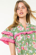 Load image into Gallery viewer, Sage Floral with Pink Flutter Sleeve Top