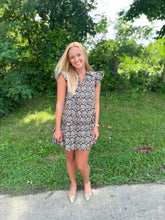 Load image into Gallery viewer, Black Floral Ruffle Tunic Mini Dress