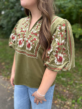 Load image into Gallery viewer, Olive Puff Sleeve Floral Embroidery Corduroy Top