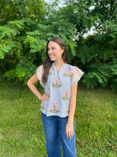 Load image into Gallery viewer, Flutter Sleeve Embroidered Striped Top