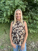 Load image into Gallery viewer, Brown Sleeveless Flower Print Top with Tie Back