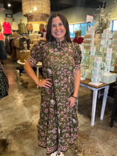 Load image into Gallery viewer, Print Short Sleeve Midi Dress with High Ruffled Neckline