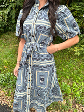 Load image into Gallery viewer, Navy Print Button Up Midi Dress