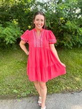 Load image into Gallery viewer, Coral Embroidered Puff Sleeve Dress
