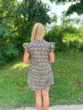 Load image into Gallery viewer, Black Floral Ruffle Tunic Mini Dress