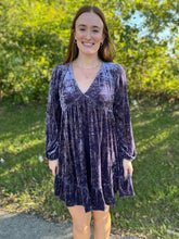Load image into Gallery viewer, Crushed Velvet V neck Babydoll Bubble Sleeve Dress