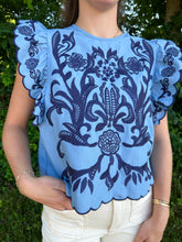 Load image into Gallery viewer, Blue Ruffled Sleeve Embroidery Top