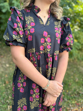 Load image into Gallery viewer, Navy Floral Print Short Puff Sleeve Midi Dress