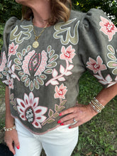 Load image into Gallery viewer, Suede Puff Sleeve Embroidery Flower Top