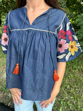 Load image into Gallery viewer, Denim Floral Embroidery Puff Sleeve Tassel Top
