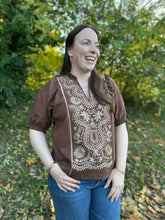 Load image into Gallery viewer, Brown Puff Sleeve Embroidered Detail Top