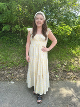 Load image into Gallery viewer, Yellow Stripe Floral Flounce Strap Midi Dress