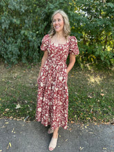 Load image into Gallery viewer, Burgundy Floral Square Neck Midi Dress