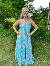 Load image into Gallery viewer, Turquoise Floral Print Chiffon Cross Cross Halter Dress