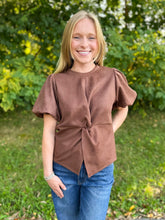 Load image into Gallery viewer, Puff Sleeve Twisted Detail Suede Top