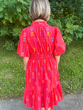 Load image into Gallery viewer, Red Smocked Puff Sleeve Midi Dress