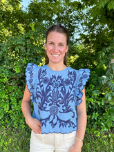 Load image into Gallery viewer, Blue Ruffled Sleeve Embroidery Top
