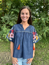 Load image into Gallery viewer, Denim Floral Embroidery Puff Sleeve Tassel Top