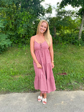 Load image into Gallery viewer, Mauve Stripe Tiered Midi Dress
