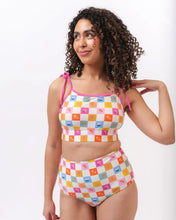 Load image into Gallery viewer, Flower Check Shoulder-Tip Swim Crop Top