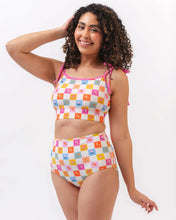 Load image into Gallery viewer, Flower Check Shoulder-Tip Swim Crop Top
