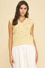 Load image into Gallery viewer, Pale Yellow Floral Embroidered Cable Knit Sweater Vest
