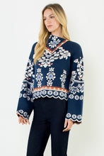 Load image into Gallery viewer, Navy V Neck Floral Patterned Knitted Sweater