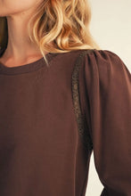 Load image into Gallery viewer, 3/4 Puff Sleeve Crochet Lace Trim Top