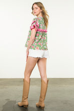 Load image into Gallery viewer, Sage Floral with Pink Flutter Sleeve Top