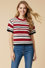 Load image into Gallery viewer, Striped Short Sleeve Crochet Knit Top