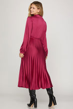 Load image into Gallery viewer, Wine Surplice Long Sleeve Satin Pleated Dress
