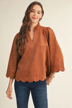 Load image into Gallery viewer, 3/4 Sleeve Faux Suede Scallop Trim Top