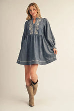Load image into Gallery viewer, Long Puff Sleeve Washed Denim Dress