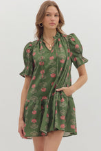 Load image into Gallery viewer, Olive Floral Print Short Puff Sleeve Dress